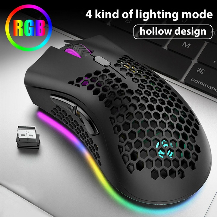 Безжична геймърска мишка RGB 1600DPI 6 бутона черна