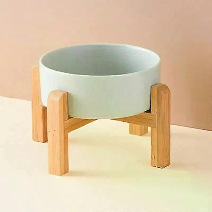 Bol pentru hrana caini si pisici, ceramica cu suport lemn, 20cm 1800ml, multicolor