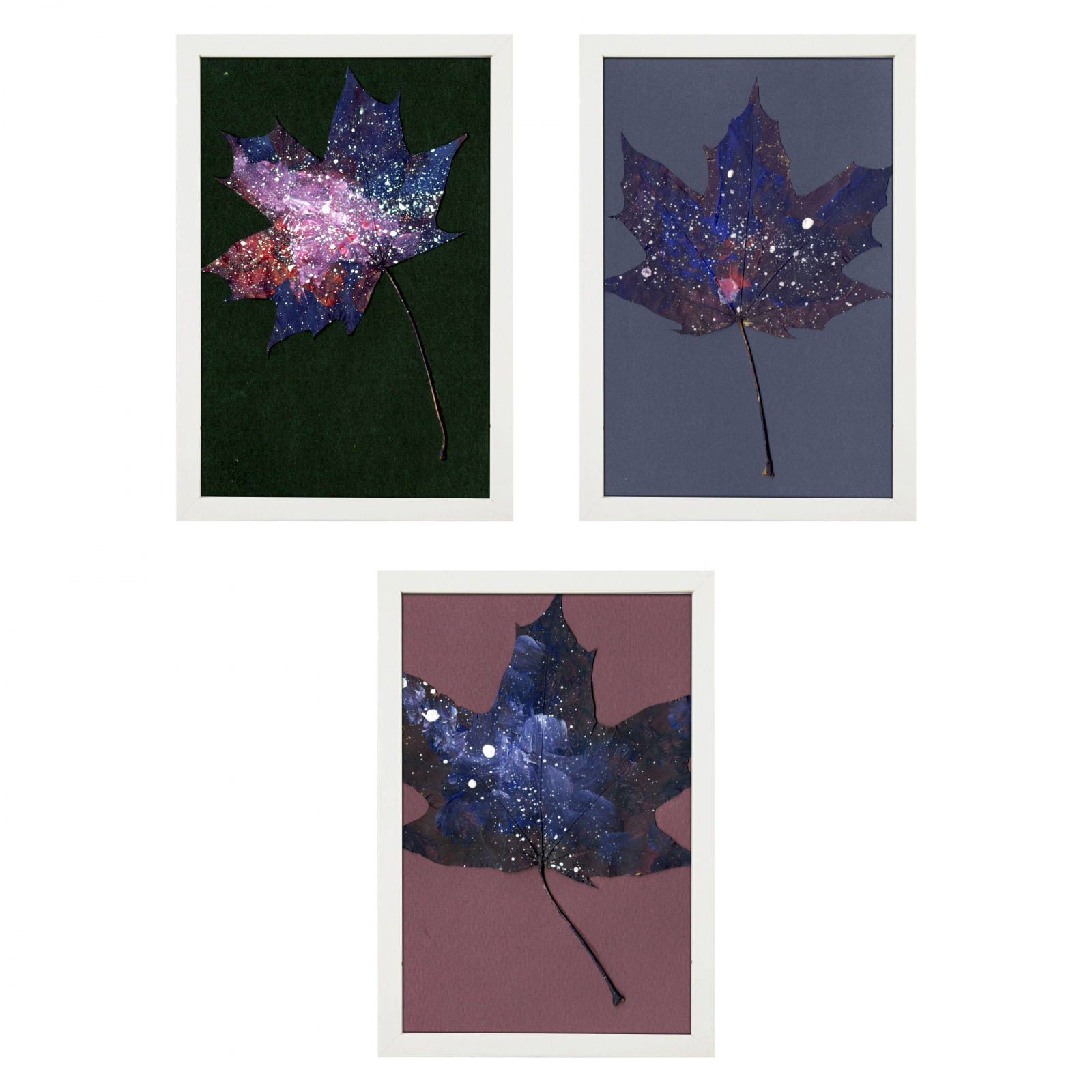 Set Cadou, Calea Lactee, set 3 mici tabouri pictate manual, frunze de artar, vopsea acrilica