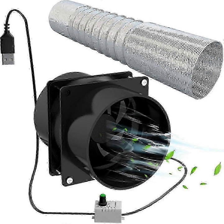 Ventilator extractor portabil, reglabil, furtun 3m, USB, compact, negru
