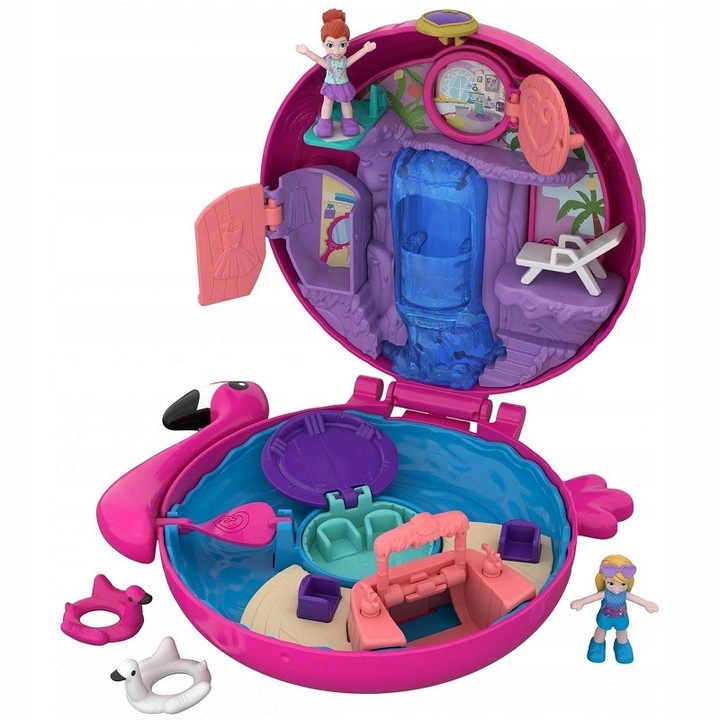 Set de joaca Polly Pocket Flamingo Floatie roz 7.3x11.3x2.8cm cu papusi si accesorii