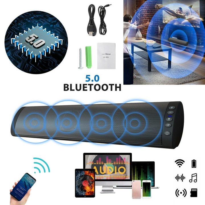 Boxa Soundbar Bluetooth 5.0, wireless si cablu, bass, negru, 38x7.85x5.8cm