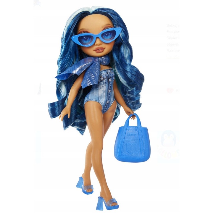Papusa MGA Rainbow High Skyler Bradshaw (LXV3OSHUB), 28 cm, costum de baie detasabil, esarfa stralucitoare, ochelari de soare, geanta si sandale, albastru