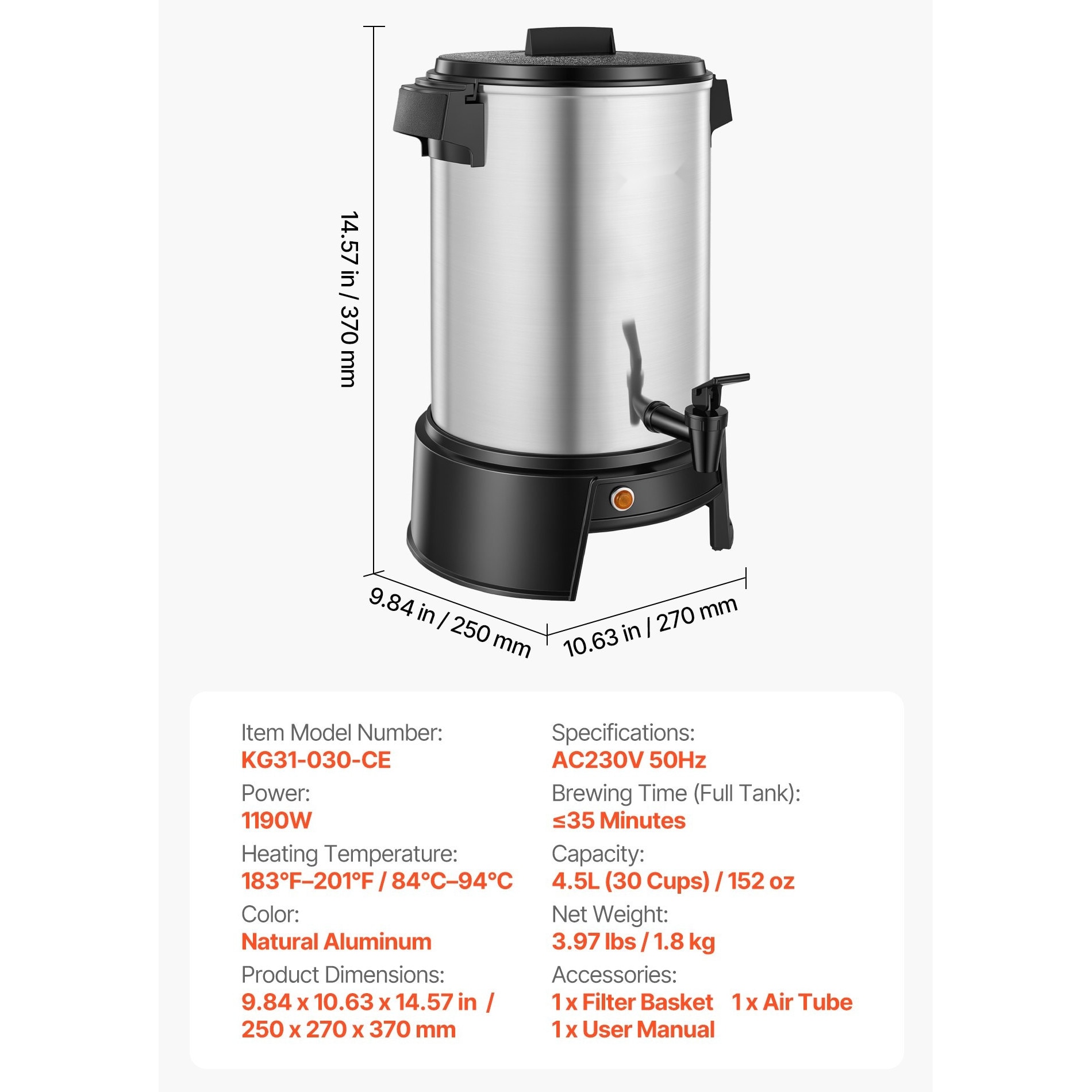 Percolator cafea comercial, Dispenser bauturi calde, Capacitate 4, 5 l 30 cesti, Putere 1190 W, Robinet anti-picurare, Preparare rapida, Control automat temperatura, Inox
