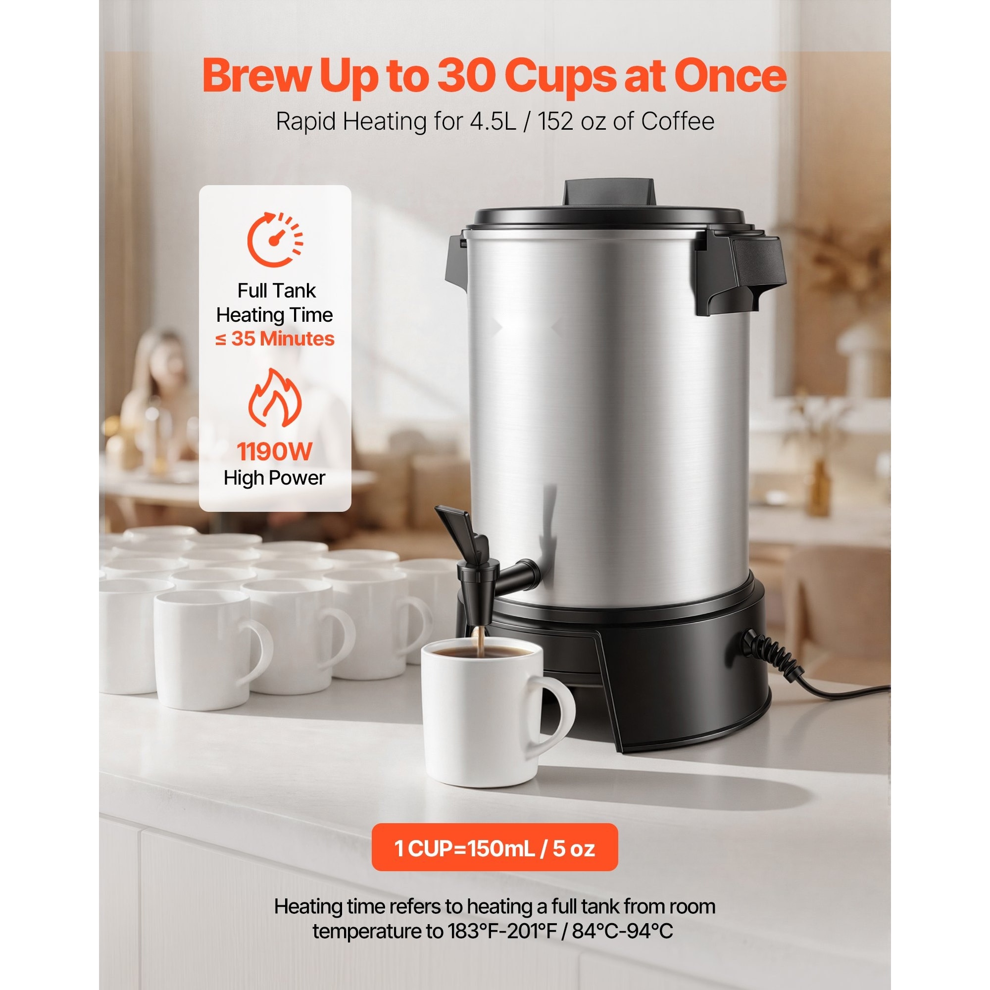 Percolator cafea comercial, Dispenser bauturi calde, Capacitate 4, 5 l 30 cesti, Putere 1190 W, Robinet anti-picurare, Preparare rapida, Control automat temperatura, Inox