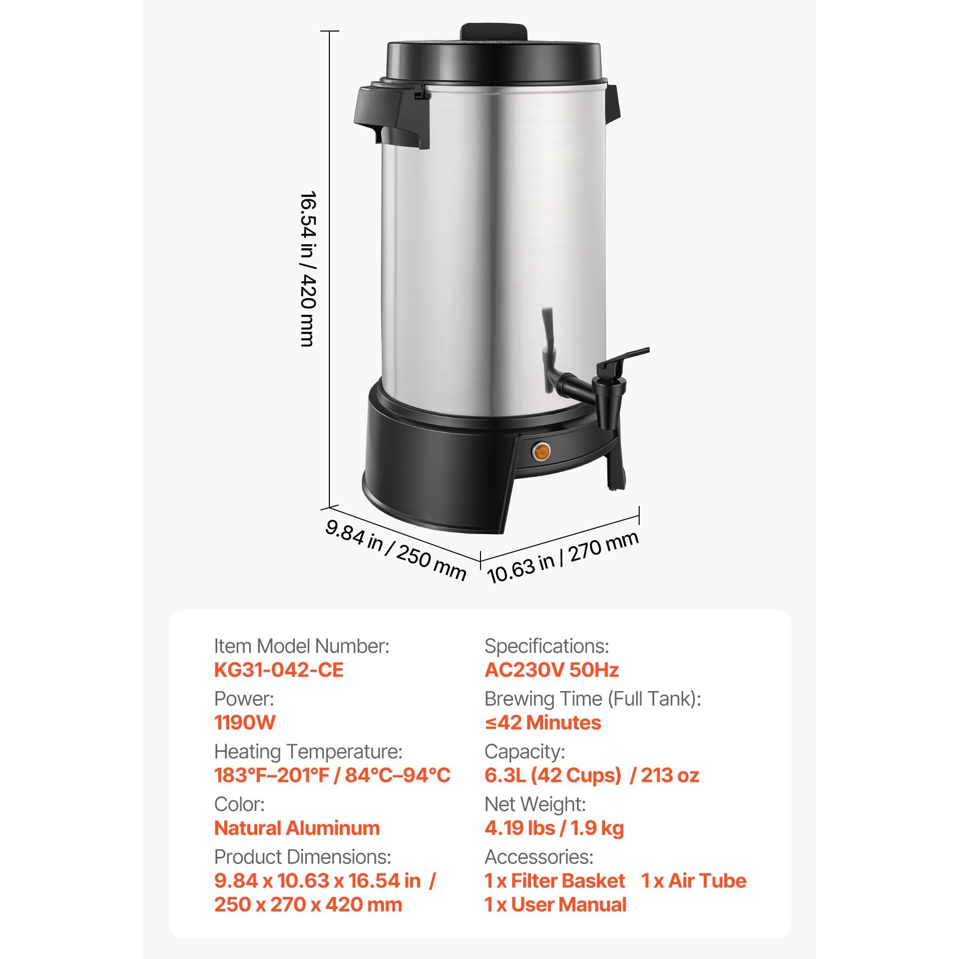 Percolator cafea comercial cafetiera profesionala, Dispenser bauturi fierbinti 6, 3 L, Putere 1190 W, Fierbere rapida, Robinet antipicurare, Control temperatura