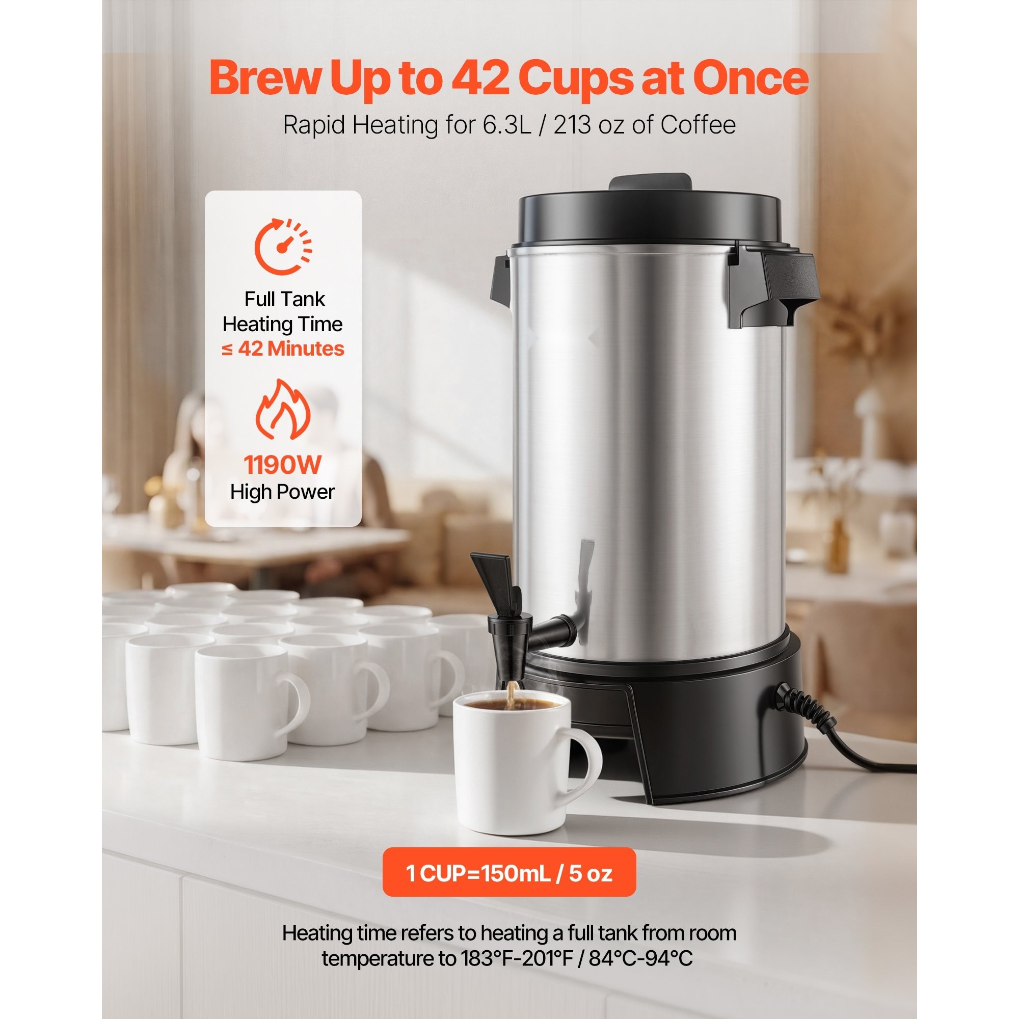 Percolator cafea comercial cafetiera profesionala, Dispenser bauturi fierbinti 6, 3 L, Putere 1190 W, Fierbere rapida, Robinet antipicurare, Control temperatura