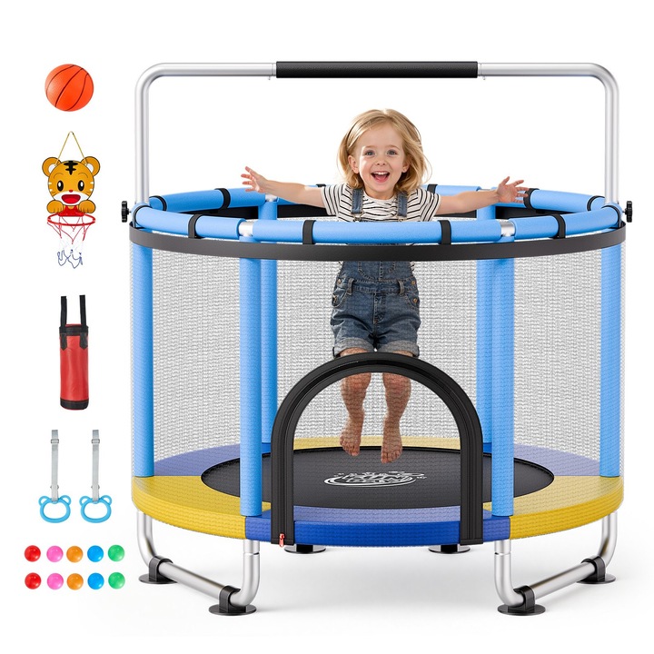 Gyermek trambulin 150 cm, Mini trambulin biztonsági hálóval, Állítható gimnasztikai rúd, Beltéri kültéri, Maximális terhelés 60 kg, Ajándék lányoknak fiúknak