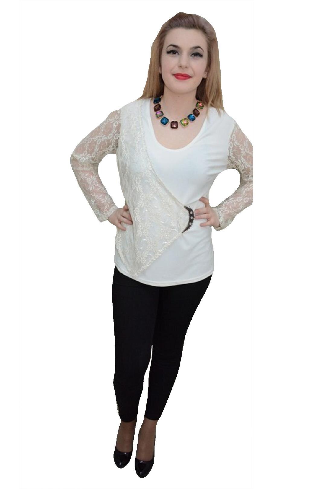 Bluza din dantela fina aplicata lateral,masura mare,D&J Exclusive, Alb