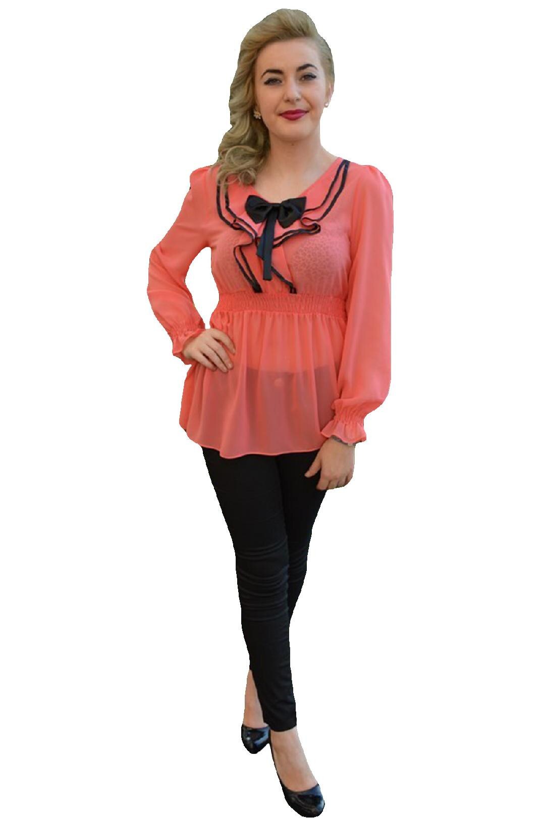 Bluze cu maneca lunga, cu o fundita din saten,D&J Exclusive,, Corai