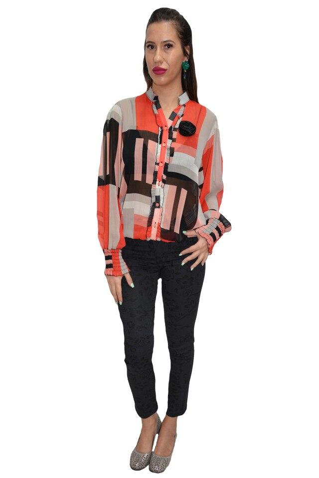 Bluza cu maneca lunga, accesorizata cu o floricica,D&J Exclusive, Corai