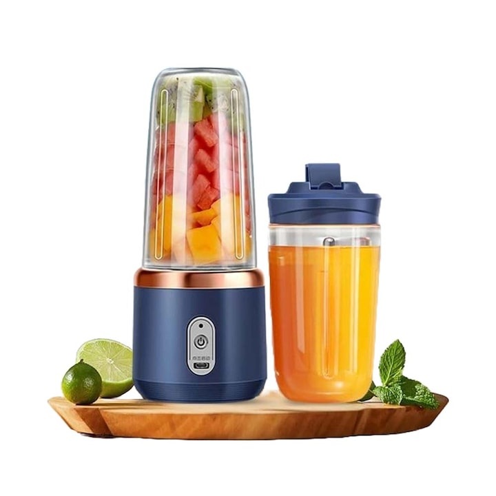 Mini turmixgép, hordozható, USB töltés, 6 rozsdamentes acél penge, 2 ABS pohár, 400 ml kapacitás, kék