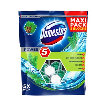 Odorizant toaleta Domestos Power 5 Maxi Pack Pine, 5 x 55 g Odorizant toaleta Domestos Power 5 Maxi Pack Pine, 5 x 55 g