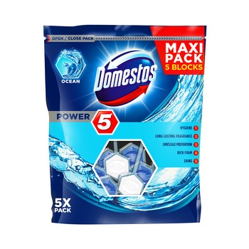 Odorizant toaleta Domestos Power 5 Maxi Pack Ocean, 5 x 55 g Odorizant toaleta Domestos Power 5 Maxi Pack Ocean, 5 x 55 g