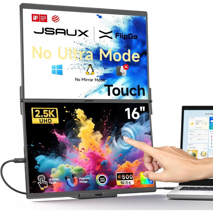 Monitor portabil Jsaux FlipGo 16", touchscreen dublu, 2.5K, negru