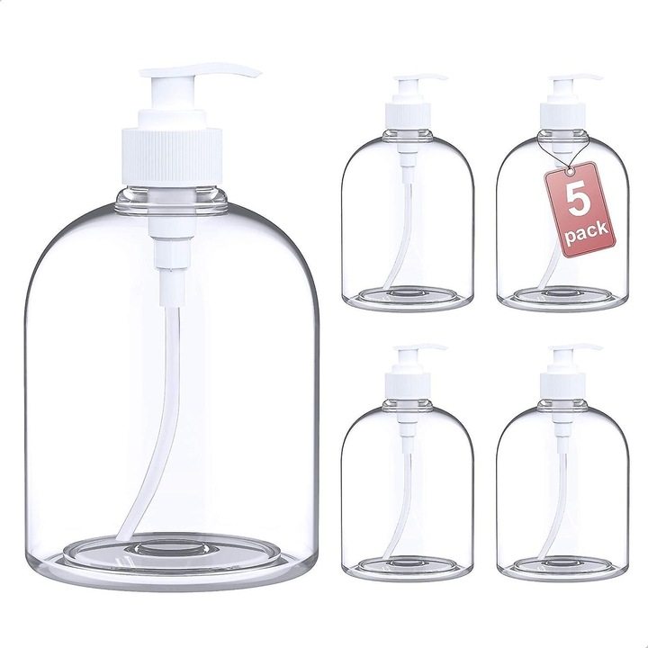 Set 5 dozatoare sapun 500ml, transparent, polietilena, reincarcabile, anti-picurare