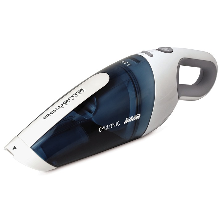 Aspirator portabil wireless Rowenta Extenso Cyclonic 4.8V, colectare praf 375 ml, cu atasament perie, timp de functionare 11 min, maner ergonomic, curatare usoara, albastru/alb, AC4461