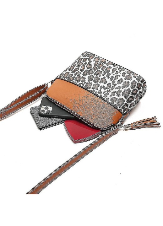 Geanta messenger dama, piele PU, imprimeu sarpe si leopard, ciucuri, multicolor, medie