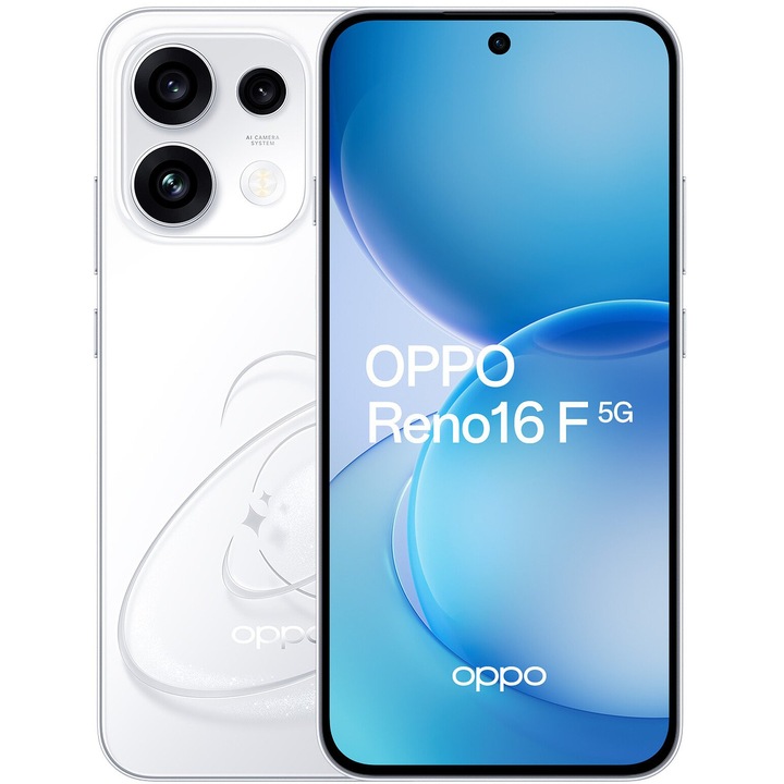 Смартфон смартфон OPPO Reno16 F 5G, 8GB, 256GB, Pop White и зарядно устройство OPPO SuperVooc 80W