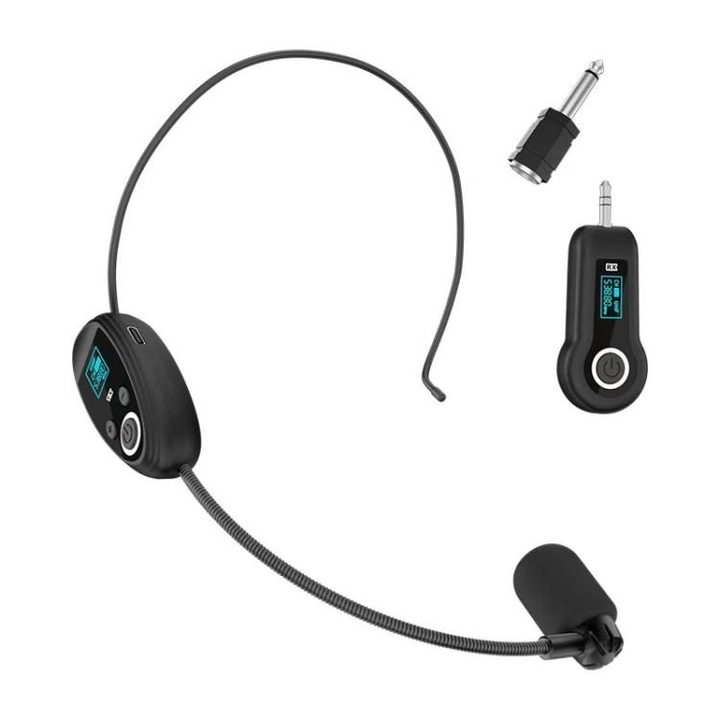 Безжичен микрофон 2.4G със слушалка, ергономичен, черен, 200mAh
