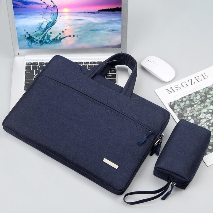 Geanta laptop 16.1 inch, albastru inchis, capacitate mare, curea ascunsa