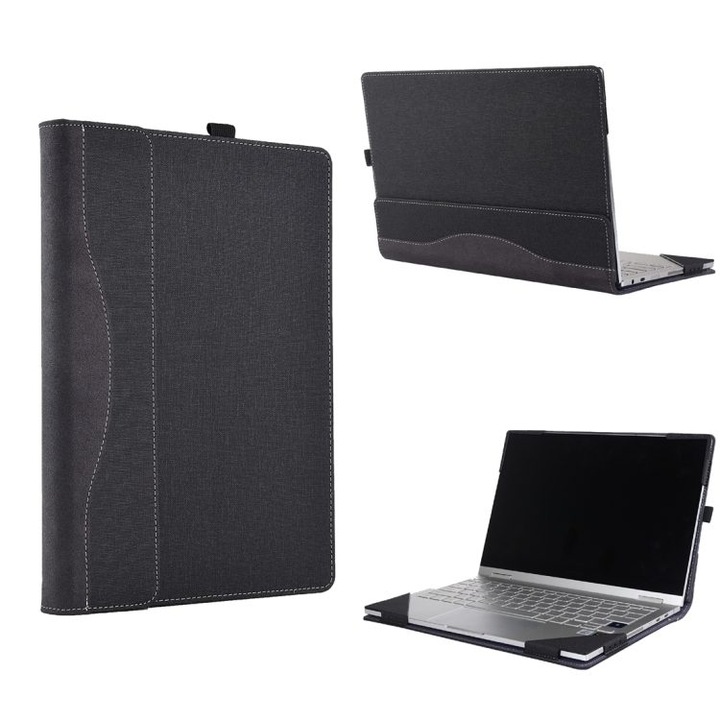 Husa laptop piele PU 13.5 inch textura material, suport inclinat, negru