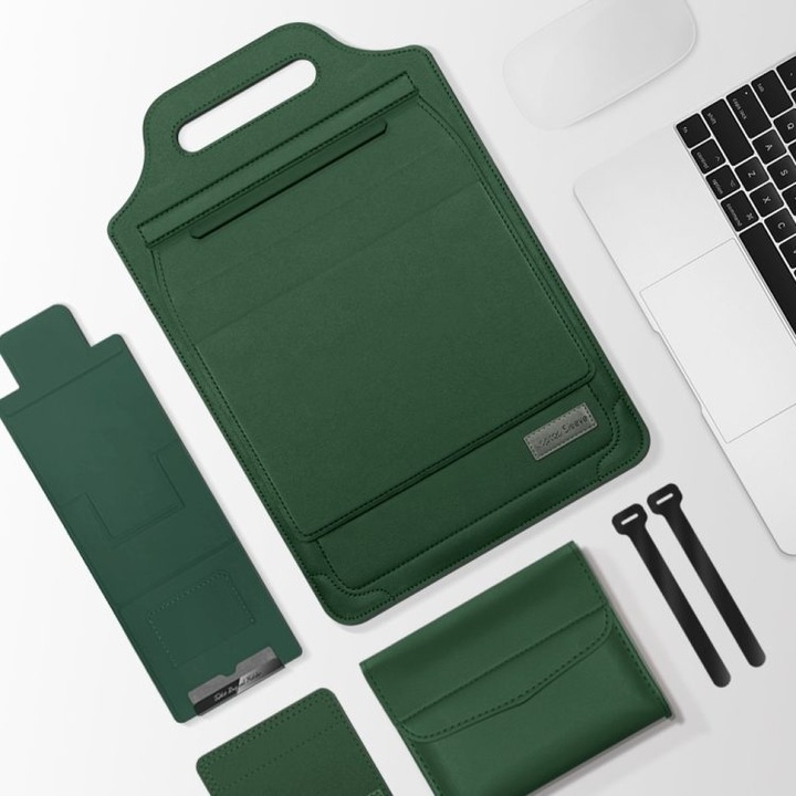 Geanta laptop multifunctionala 15 inch verde piele PU fleece interior