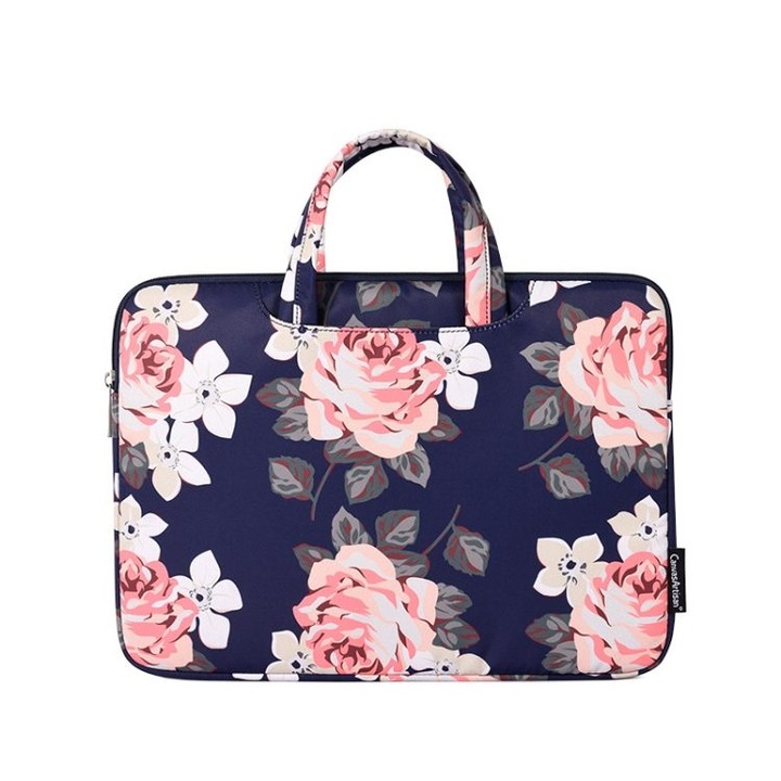 Geanta laptop 12-15 inch, model trandafir alb, rezistenta apa, usoara, 33x23x2.4cm - 39.8x28x2.4cm