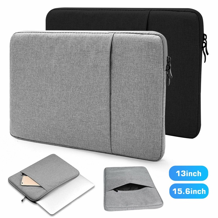 Husa laptop 13 inch, impermeabila, negru-gri, poliester-velur, usoara