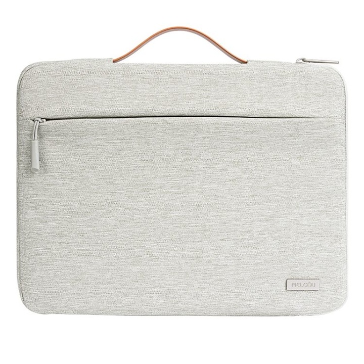 Geanta laptop 16 inch, slim, bej alb, poliester, cu maner retractabil