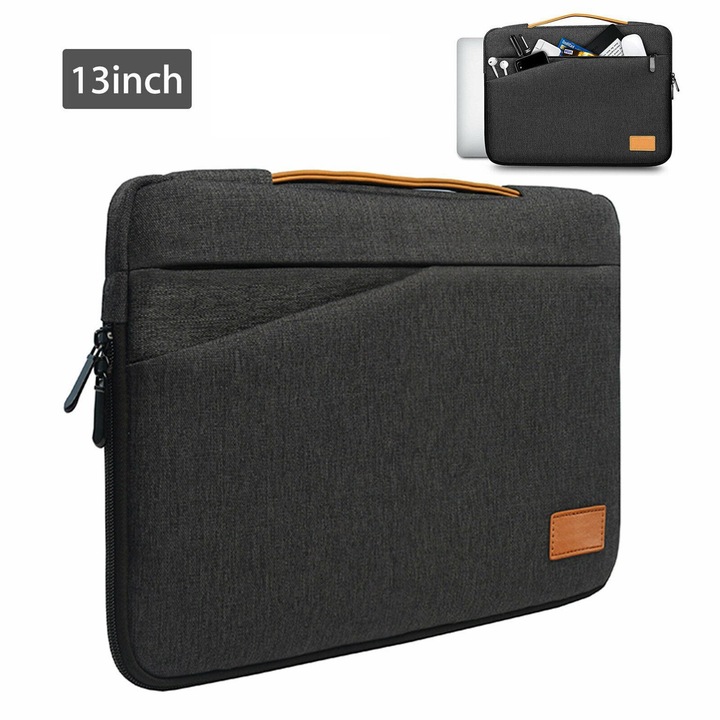 Geanta laptop universala 13-14 inch, material poliester, gri, rezistenta la apa, cu protectie si buzunare multiple