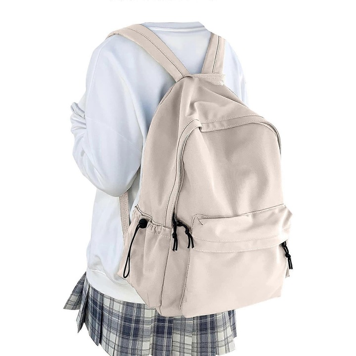 Rucsac alb impermeabil pentru adolescenti, buzunare laterale cu snur, capacitate mare