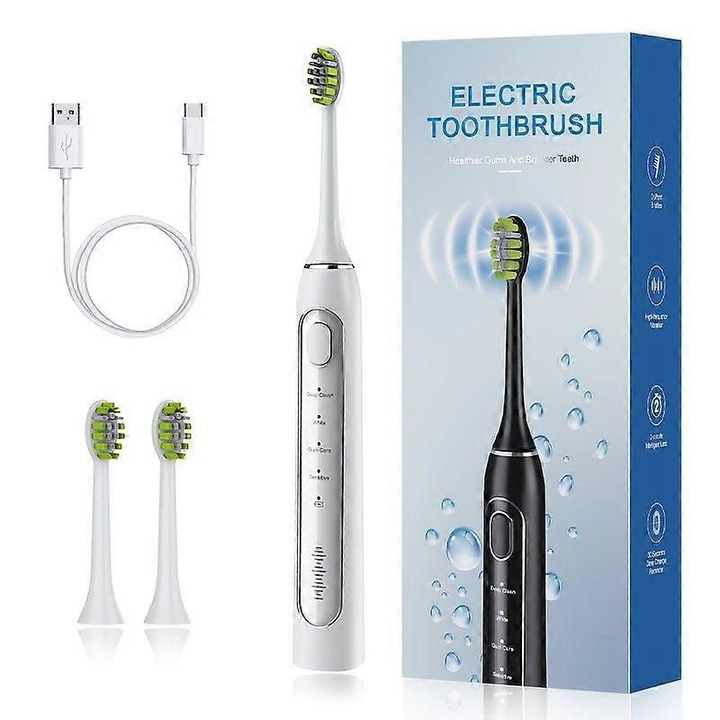 Periuta de dinti electrica sonica reincarcabila, alb, 30 zile autonomie, set cu capete de schimb