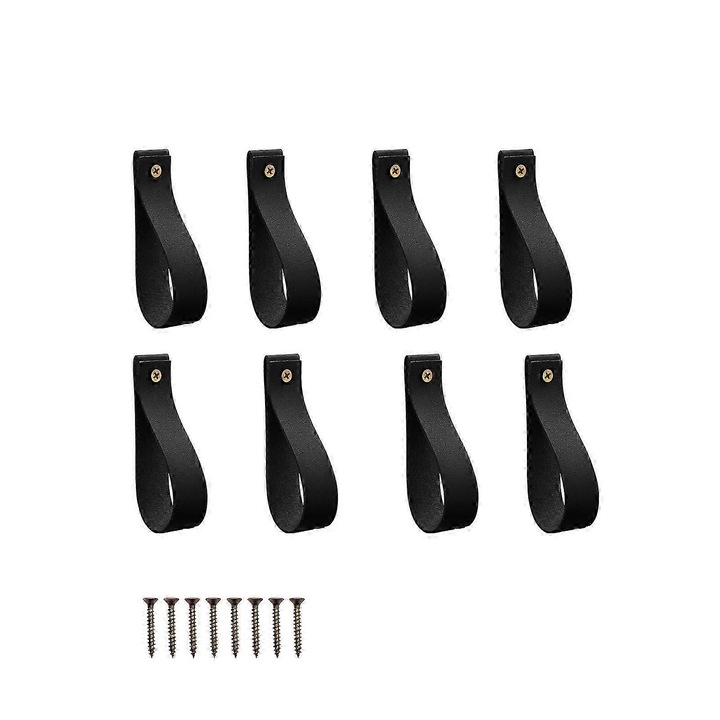 Set 8 Suporturi pentru Bara Perdea, Curea din Piele Neagra, 15x3cm
