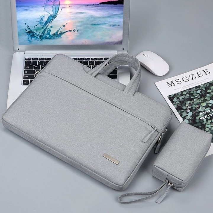 Geanta laptop 16.1 inch, capacitate mare, gri, rezistenta la apa