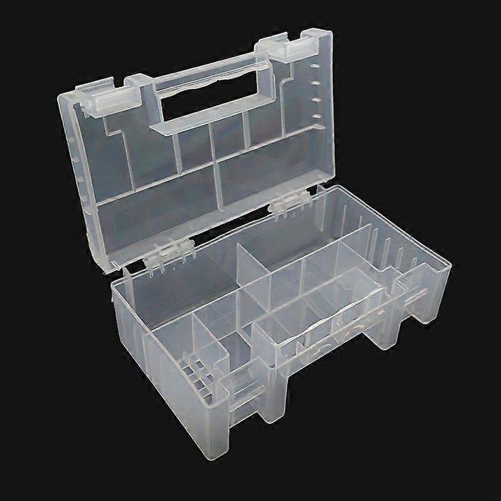 Cutie depozitare baterii transparenta, compartimentata, plastic PP, 5 dimensiuni, capac clar