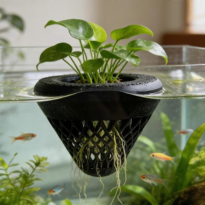 Ghiveci plutitor pentru plante acvariu, suport suspendat, negru, 6x4cm