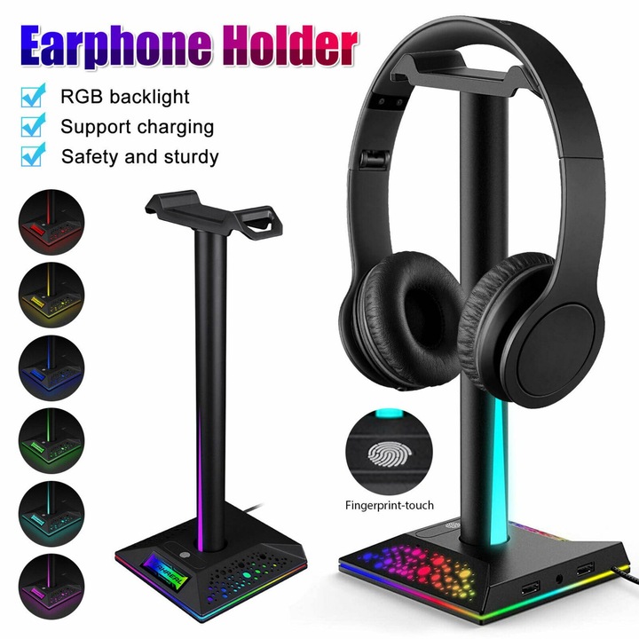 Univerzális RGB gaming fejhallgató tartó 2 USB porttal, fekete, 31cm