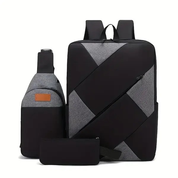 Set rucsac 3 piese din Oxford, rucsac business pentru laptop cu compartiment tableta, borseta si portofel, capacitate mare, negru/gri