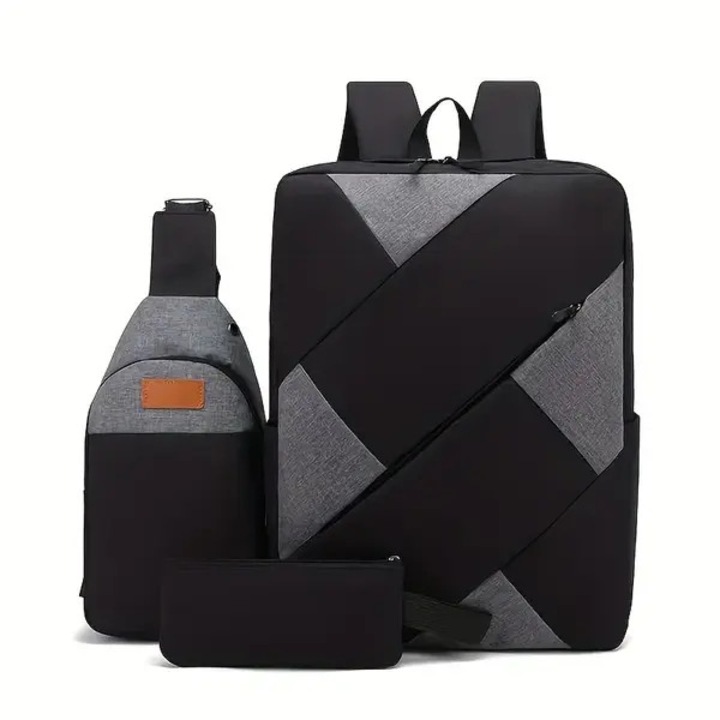Set rucsac 3 piese din Oxford, rucsac business pentru laptop cu compartiment tableta, borseta si portofel, capacitate mare, negru/gri