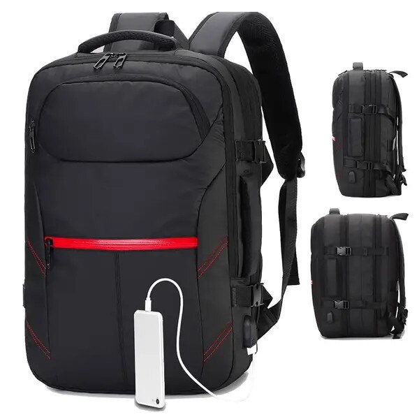 Rucsac pentru laptop din poliester cu port USB pentru incarcare, antifurt, rezistent la apa, cu buzunare organizatoare si curea pentru troler, Negru, 45 x 30 x 14 cm