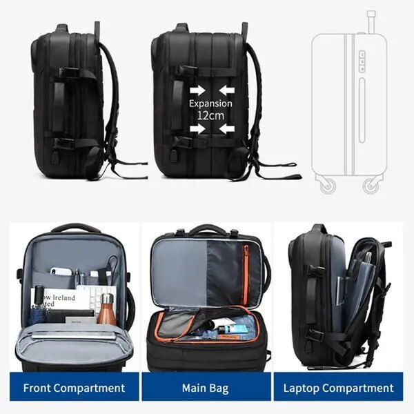 Rucsac pentru laptop din poliester cu port USB pentru incarcare, antifurt, rezistent la apa, cu buzunare organizatoare si curea pentru troler, Negru, 45 x 30 x 14 cm