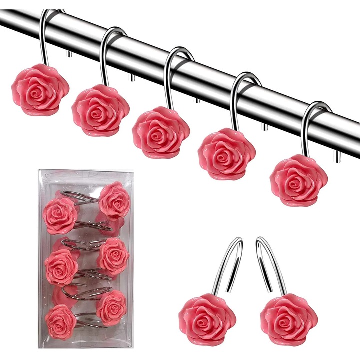 Inele pentru perdea de dus ZYBLSSBB LSM2xh6193-BCS0333604, inele decorative cu trandafir din ceramica si carlige inox rezistente la rugina, roz, set 12, dim. 1.2 x 1.4 x 2.4 in
