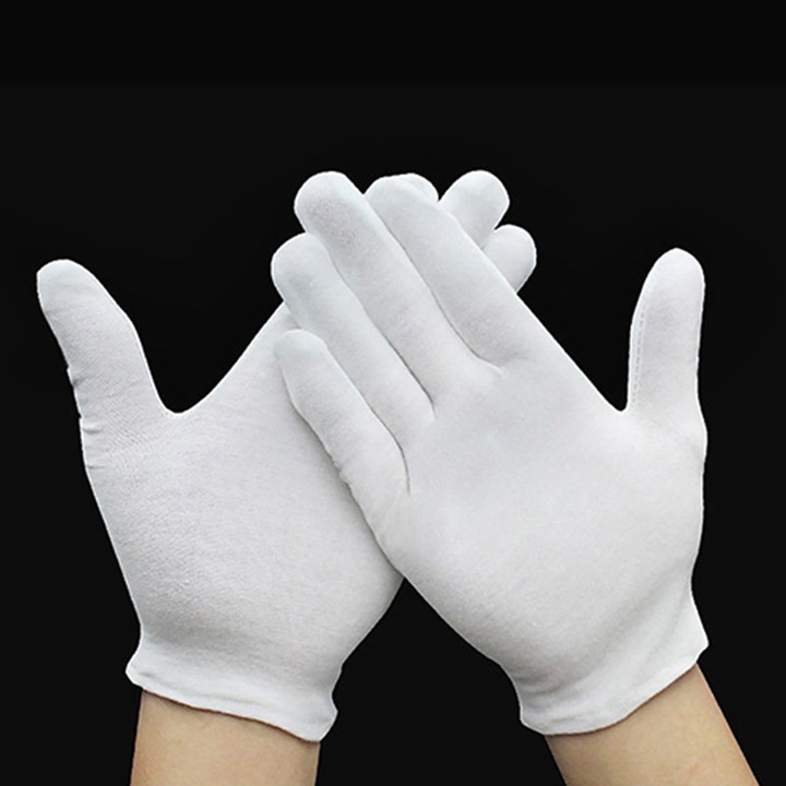 Set 12 perechi manusi albe bumbac, unisex, 18.5x12cm si 7.8x10.05cm