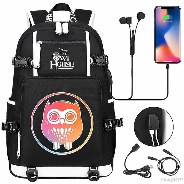 Rucsac pentru laptop din nylon cu imprimeu The Owl House, compartiment pentru laptop, port USB extern, rezistent la apa, negru/alb
