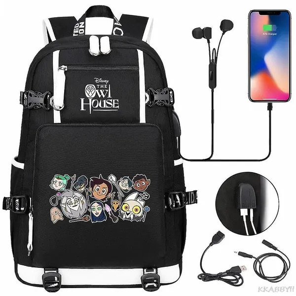 Rucsac pentru laptop din nylon cu imprimeu The Owl House, compartiment pentru laptop, port USB extern, rezistent la apa, negru/alb