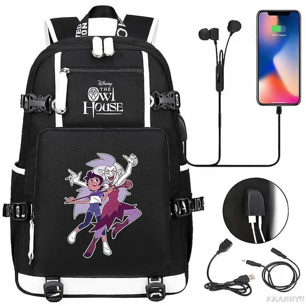 Rucsac pentru laptop din nylon cu imprimeu The Owl House, compartiment pentru laptop, port USB extern, rezistent la apa, negru/alb