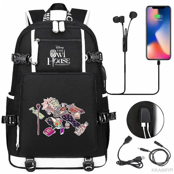 Rucsac pentru laptop din nylon cu imprimeu The Owl House, compartiment pentru laptop, port USB extern, rezistent la apa, negru/alb