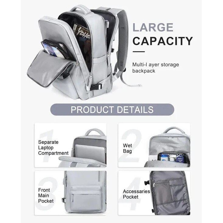 Rucsac de calatorie pentru femei, rezistent la apa, compartiment pentru laptop, negru, 33x22x47cm