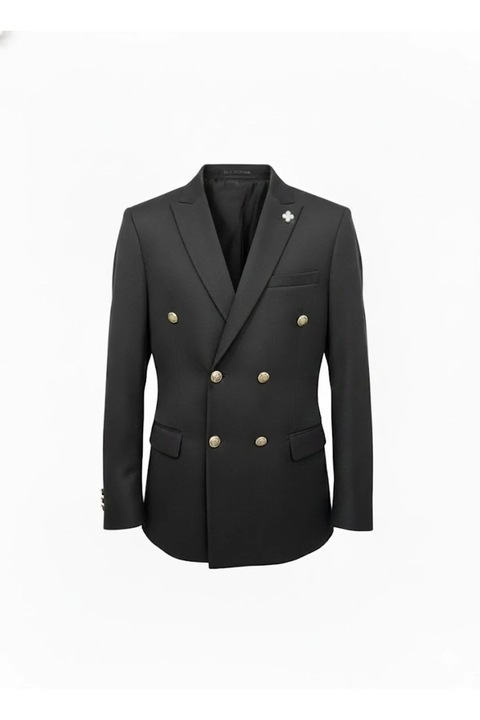 Sacou Elegant Barbatesc cu Inchidere Dubla si Accesorii Metalice Decorative, Buzunare cu Clapeta si Batista Asortata, pentru Tinute Elegante sau Evenimente Speciale, Negru